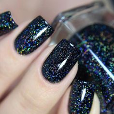 Glittery Black Nails, Ilnp Polish, Ombre Nails Short, Toes Pedicure, Pet Poems, Nails Toes, Black Nails With Glitter, Black Holographic