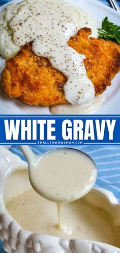 white gravy is being poured onto a plate with chicken schnitz and sauce