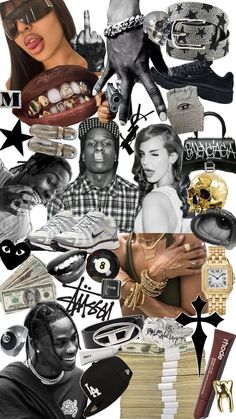 the collage has many different items on it, including money and other things in black and white