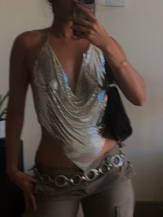 Disco Y2k Outfits, Sparkly 2000s Outfits, Disco Grunge Aesthetic, 2000 Night Club Outfits, Rhinestone Top Outfit Y2k, Glittery Shirt Outfit, Y2k Disco Outfit, Y2k Nye Outfit, Silver Chain Top Outfit