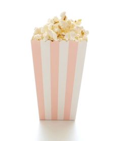 a pink and white striped popcorn box