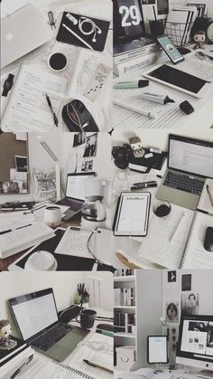 many different pictures of various items on a desk