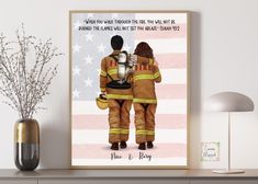 a fireman and his wife are standing in front of an american flag with the words,