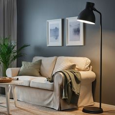 a living room scene with focus on the couch and lamp in the foreground,