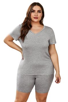 Gray Plus Size V Neck T-shirt and Shorts Loungewear Gray Stretch T-shirt For Loungewear, Sporty V-neck T-shirt For Loungewear, Solid Color Athleisure T-shirt For Loungewear, Athleisure T-shirt For Loungewear, Solid Color T-shirt For Loungewear Athleisure, Sporty V-neck Loungewear T-shirt, Sporty V-neck T-shirt, Short Loungewear, Stretch Cotton Fabric