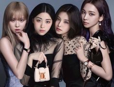 three young women posing for the camera with one holding a handbag in front of her