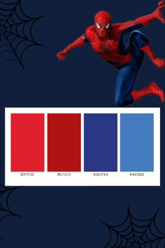 the spider man color scheme for halloween costumes is shown in red, blue and black