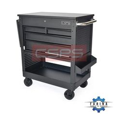 a black tool cart with two drawers on it's sides and one drawer open