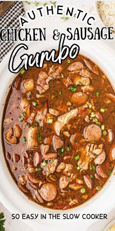 chicken and sausage gumbo in a slow cooker with the title text overlay