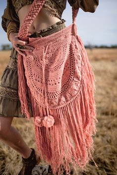 Pom Pom Crochet Bag - Peach Daiquiri - The Fields of Gold by Tulle and Batiste Bohemian Pink Crochet Bag, Pink Bohemian Crochet Bag For Everyday, Bohemian Pink Crochet Bag For Summer, Bohemian Handmade Pink Bag, Bohemian Handmade Pink Shoulder Bag, Pink Bohemian Crochet Bag For Everyday Use, Handmade Pink Festival Bags, Handmade Orange Bohemian Crochet Bag, Peach Daiquiri