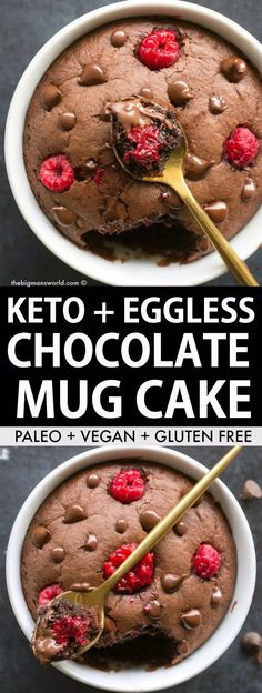 keto eggless chocolate mug cake with raspberries and chocolate chips on top