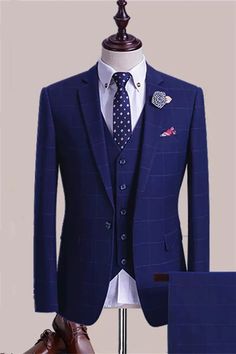 Men Tuxedo Suit Bespoke Blue Plaid Three Pieces Men Suits For Business – 27dress Suits Men Blue Navy, Business Suits Men, Suits Men Slim, Suits Men