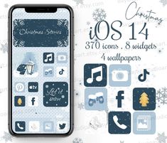 an iphone with christmas icons on the screen and in front of it is a snowflaked background