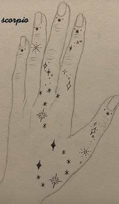 a drawing of a hand with stars on it and the words scorpion written in black ink