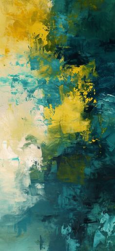 an abstract painting with blue, yellow and green colors