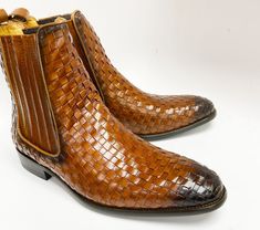 Woven Calfskin Slip-On Boot Cognac – C&E Fashions Fitted Brown Chelsea Boots With Leather Sole, Brown Slip-on Boots, Brown Fitted Slip-on Boots, Fitted Brown Slip-on Boots, Brown Slip-on Chelsea Boots With Textured Sole, Brown Chelsea Boots With Branded Insole For Fall, Street Style Boots, Cordovan Shoes, Quality Leather Boots