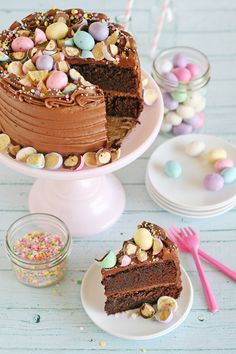 an image of a chocolate cake with easter eggs on the top and in the middle