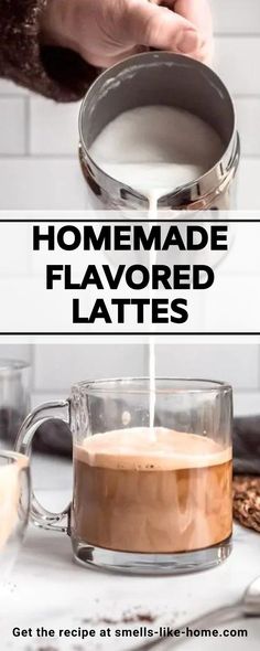 homemade flavored latte recipe in a glass mug being poured into the coffee cup