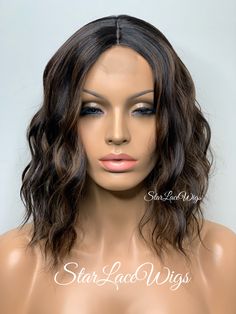 This unit ships in 2-3 business days Type of Hair: Synthetic Hair Texture: Wavy Hair Length: Short bob Hair Color: Brown with highlights Cap Style: This is a regular wig (NOT A LACE FRONT) - (cap stretches) Heat Safe: Heat resistant up to 350 degrees :::HEAT SAFE::: Our synthetic and human hair blend wigs are heat safe and can be curled and flat ironed. Please note that it is recommended that the heat settings be low (340 to 350 degrees). Flexi-rods and/or rollers can also be used to achieve a c Short Bob Hair Color, Hair Color Brown With Highlights, Brown Wavy Bob, Highlights Cap, Wig Highlights, Custom Lace Front Wigs, Brown With Highlights, Wavy Bob Wig, Short Bob Hair