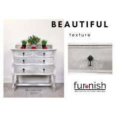 a silver dresser with plants on top and the words beautiful texture above it in black lettering