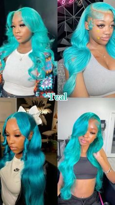 Different Wig Hairstyles With Color, Ginger And Blue Hair, Blue Wigs For Black Women, Turquoise Wig, Teal Wig, Wig Room, Baddie Pics, Weave Hair Color