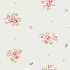 pink flowers on a white background with small leaves and dots in the center, all over