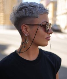 Image 1 of 1 Undercut Pixie Cut, Hair Cuts And Styles, Short Grey Haircuts, Female Mohawk, Grey Hair And Glasses, Shaved Hair Cuts