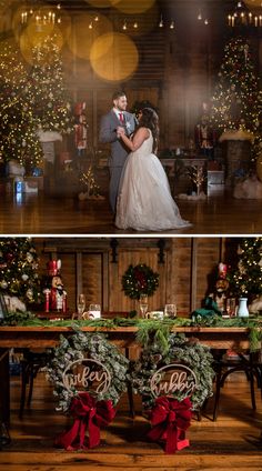 a bride and groom standing in front of christmas decorations