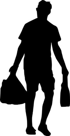 the silhouette of a man carrying two bags