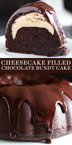 a chocolate bundt cake on a white plate with the words cheesecake filled chocolate bundt cake