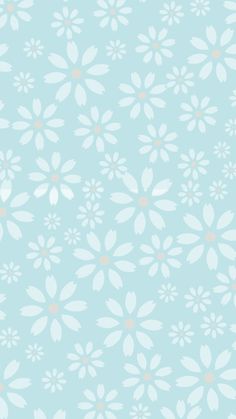 a light blue background with white flowers on the bottom and pink dots in the middle