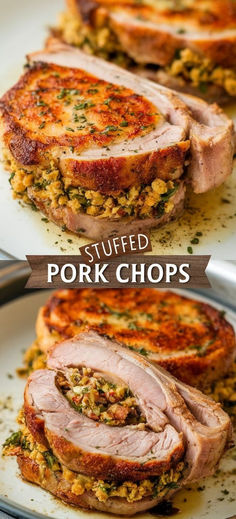 Stuffed Pork Chops: a juicy, flavorful meal that's perfect for any occasion! Tender pork chops filled with a savory stuffing, seared to perfection, and baked for a deliciously hearty dinner. Simple Boneless Pork Chop Recipes, Pork Chops Stuffed, Stuffing Stuffed Pork Chops, Stuffing Pork Chops Baked, Stuffed Pork Chops With Stove Top, Stuffed Pork Chops In Crockpot, Stuffed Pork Chops With Stuffing, Stuffed Pork Chops Baked In Oven, Stuffed Pork Chop Recipes