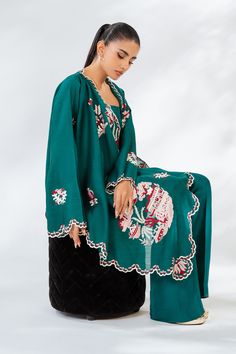 Rihza Bootcut Trousers, Resham Embroidery, Silk Jacket, Silk Slip, Raw Silk, Long Length, Tube Top, Emerald Green, Custom Sizing