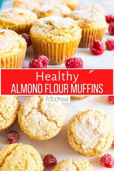 healthy almond flour muffins with raspberries and powdered sugar on top