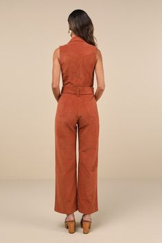 Let everyone know you're a confident cutie with the Lulus Energetic Appeal Rust Orange Corduroy Sleeveless Belted Jumpsuit! Classic corduroy fabric shapes a sleeveless bodice with a collared neckline, notched lapels, and flattering princess seams. Belt loops and a wide statement belt (with a covered buckle) accent the waist, atop wide legs with functional front and back patch pockets. Full-length hems. Exposed gold zipper at the front. Fit: This garment fits true to size. Length: Ankle length. S Rust Corduroy Pants, Burnt Orange Outfit, Red Corduroy Overalls, Brown Courderoy Overalls, Orange Corduroy Overalls, Brown Coudroy Overalls, Corduroy Jumpsuit, Jumpsuit With Belt, Orange Jumpsuit