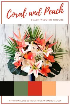 Bridal bouquet with tropical flowers and palm leaves. Themes For Bedrooms, Peach Beach Wedding, Beach Wedding Colors Schemes