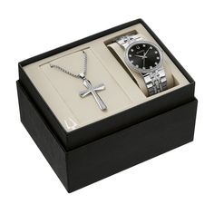 Surprise him with a sophisticated expression of style - this men's Bulova Crystal watch with a black dial and cross pendant set. The black dial features silver-toned hands and crystal markers. 40.0mm stainless steel case with mineral crystal and a crystal-lined bezel Japanese quartz movement keeps accurate time. The stainless steel bracelet showcases crystal-lined center links and secures with a fold-over clasp. Water resistant to 30 meters, this watch includes a 3-year limited manufacturer warr Radiant Black, Crystal Watch, Mens Watch Box, Gift Box For Men, Monkey Birthday, Couple Ideas, Stainless Steel Cross Pendant, Bulova Watches, Future Children