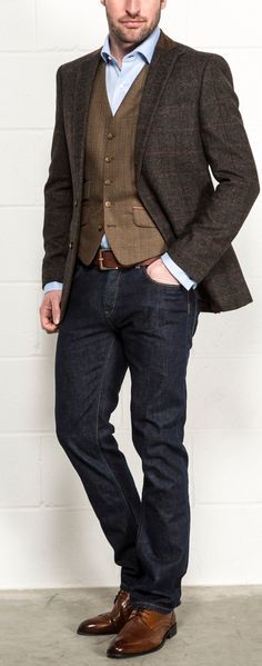 Harry Brown Heritage Blazer with Tweed Waiscoat at Slater Menswear #tweed #blazer #mensfashion Modern Workwear, Checkered Jacket, Man Standing, Brown Jacket, Fashion Mode