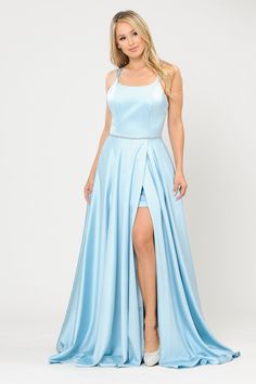 Receive lots of compliments in this long satin A-line dress with side slit by Poly USA 8652. This beautiful formal gown features a sleeveless square neck bodice secured with spaghetti straps, beaded waistband, flirty crisscross open corset back, side pockets, floor length A-line skirt with a small train and leg slit revealing a short skirt, and a lace-up back. Affordably priced at $299, this long evening dress is perfect for any formal event and will keep you on budget! Designer: Poly USA Style Satin Dress With Corset, Dress With Corset Back, Parade Dress, Dress With Corset, Royal Colors, Corset Back, Long Romper, Usa Dresses, Long Prom Dress