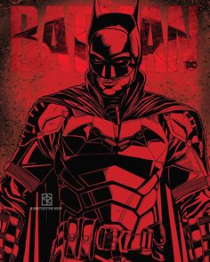 the batman poster is shown in red and black