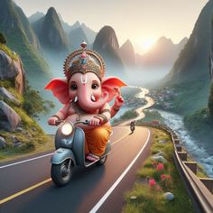 an elephant riding on the back of a scooter down a road next to mountains