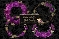 purple and gold floral wreaths on a black wallpaper with an ornate frame in the middle