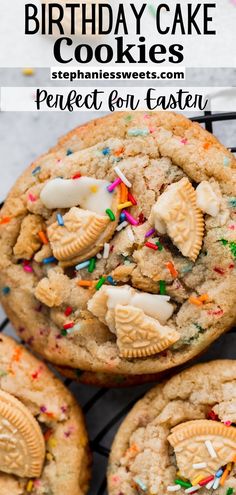 birthday cake cookies with white frosting and sprinkles on a cooling rack