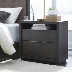 a bedroom with a bed, night stand and nightstand