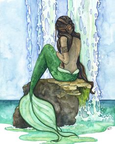 a watercolor painting of a mermaid sitting on a rock in front of a waterfall