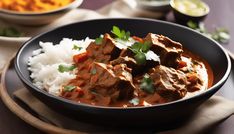 a bowl filled with meat and rice on top of a table