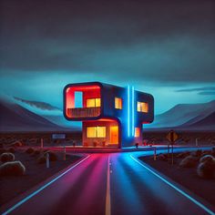 an image of a house that is lit up in the middle of the road at night