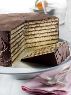 a layered cake with chocolate frosting on a plate