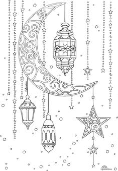 the moon and stars are hanging from strings with beads on them, as well as two lanterns