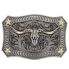 Longhorn Crest Attitude Buckle  Show your attitude with this buckle.  Item has a silver finish.  Item has a filigree design. Longhorn Skull, Twisted X Boots, Western Belt Buckles, Branded Belts, Western Hats, Western Belts, Filigree Design, Southern Charm, Free Spirited